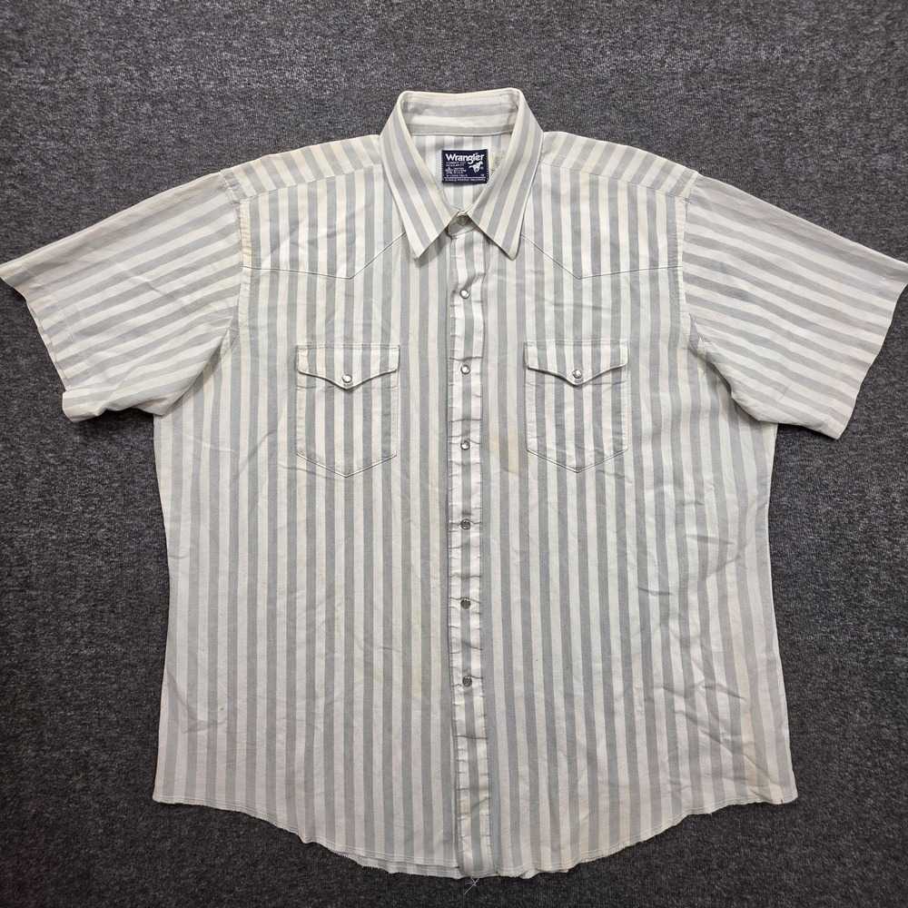 Vintage Wrangler Western Pearl Snap Shirt Sz 18 XL Long Gray Striped Made In Usa